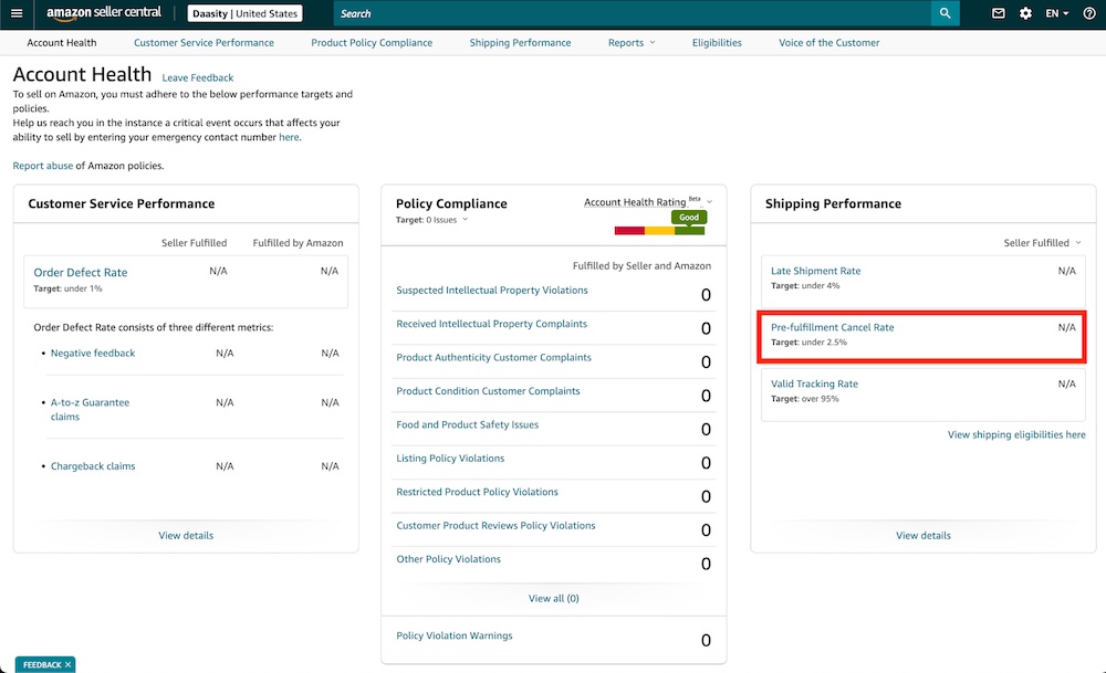 Pre-fulfillment cancellation rate amazon seller central
