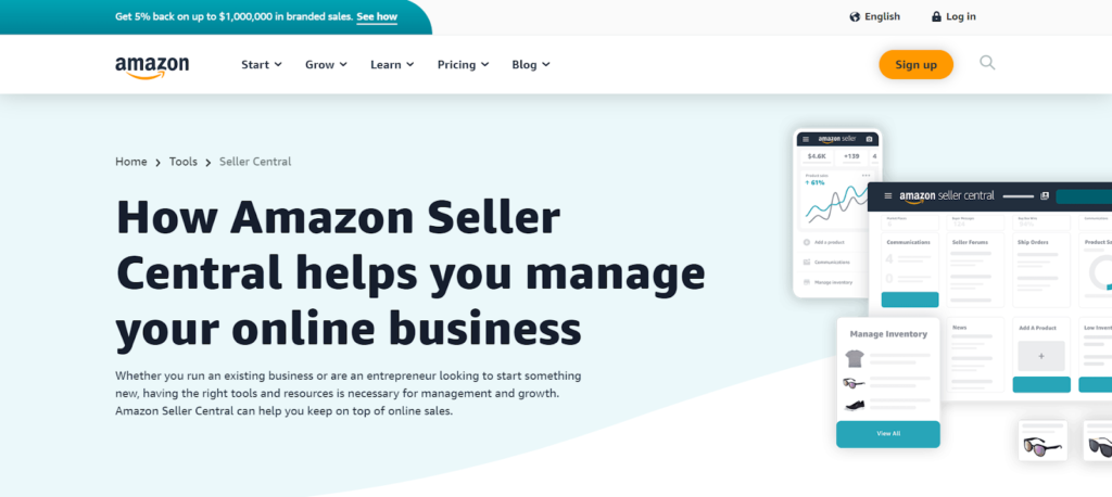 Amazon seller central homepage for ecommerce sellers